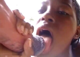 Helplessly horny Latin babe sucks horse cock and jerks it off too