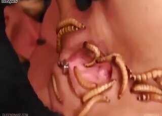 Worms are applied to clit and pussy of moaning babe for zoo pleasure