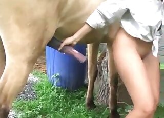 Horse cock is going to fuck a tight pussy in an outdoor sex scene here