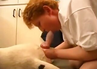 Mature wife throats the dog's dick clothed and slutty as fuck