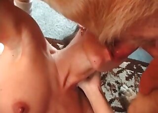Brunette deepthroating a dog's cock with her tiny titties on display