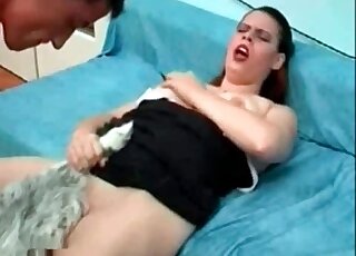 Close-up view at dog's pecker penetrating wet cunt of a slim chick