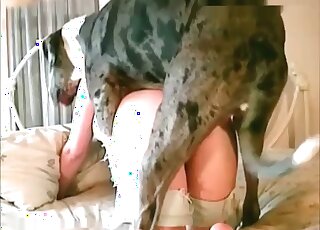 MILF in white stockings takes her dog to her bed to get banged